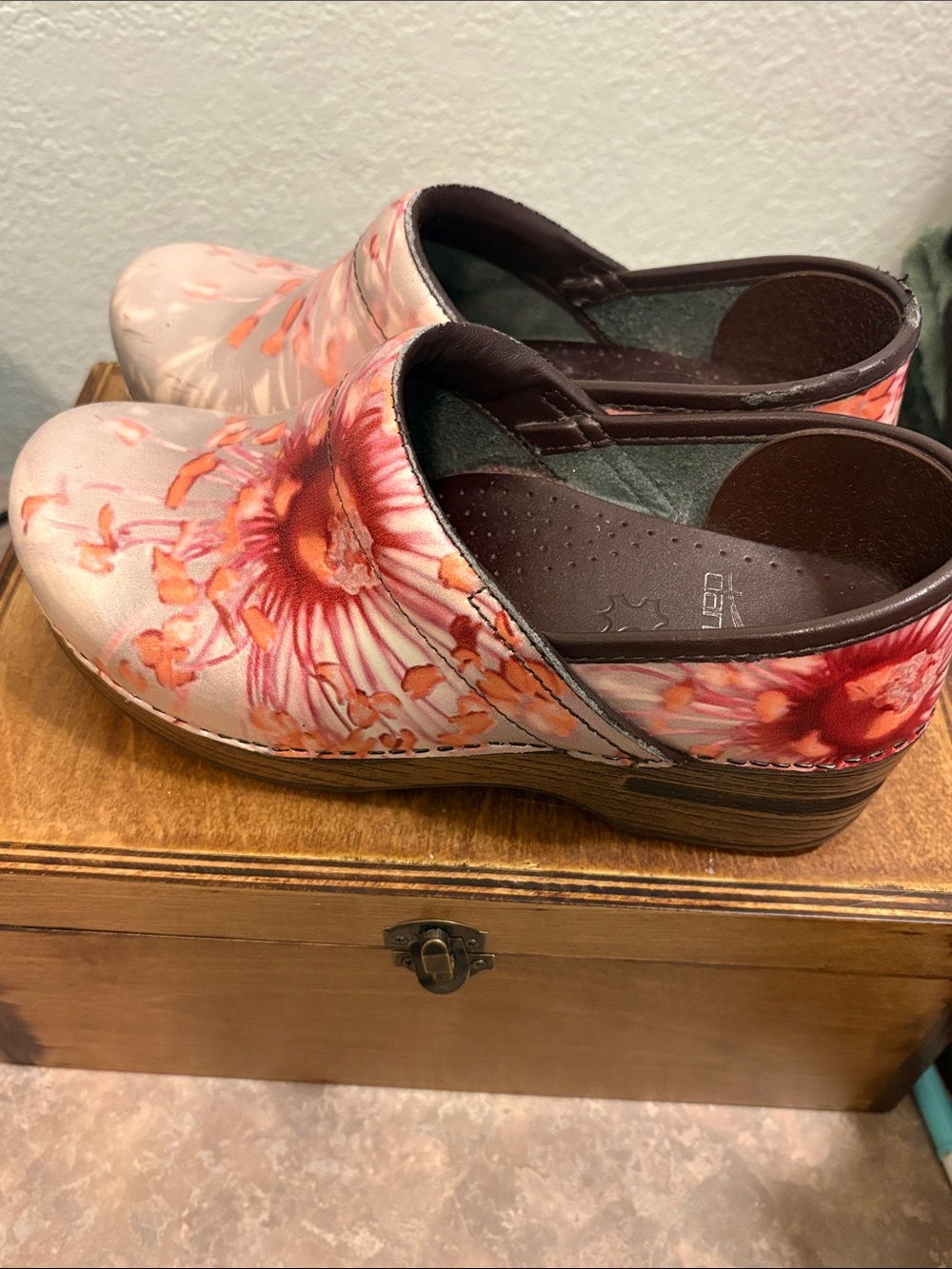 Dansko Floral Leather Clogs in Pink and Orange Tones